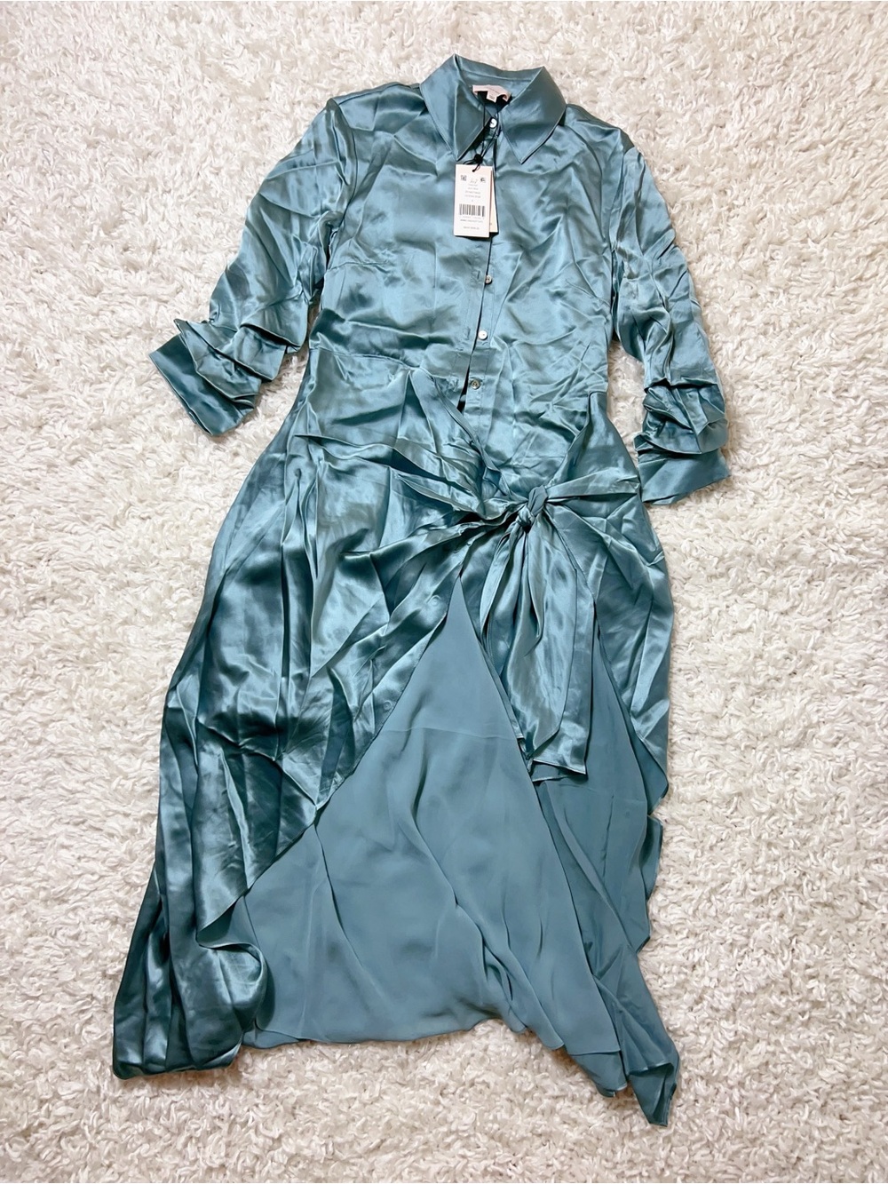 NWT $595 Cinq À Sept Jacey Silk Charmeuse Midi Wrap Shirtdress In Ocean Dew - Picture 5 of 7